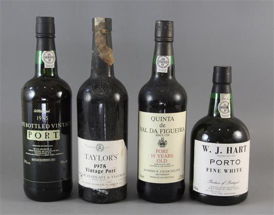 One bottle of Taylors Vintage 1975 Port and three other bottles including W.J. Hart Porto Fine Wine.